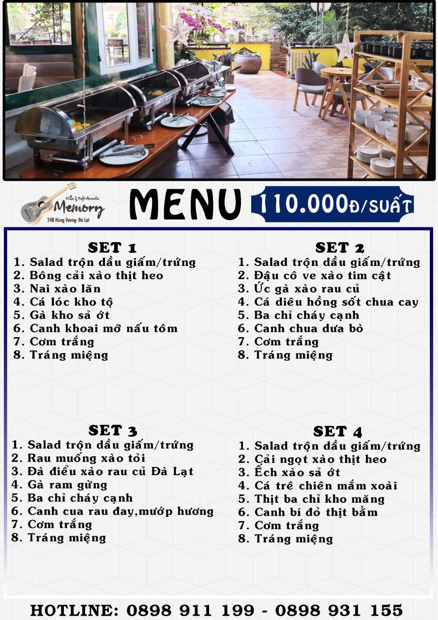 Menu nhà hàng cơm đoàn ở Đà Lạt set 110.000 đồng/suất/người