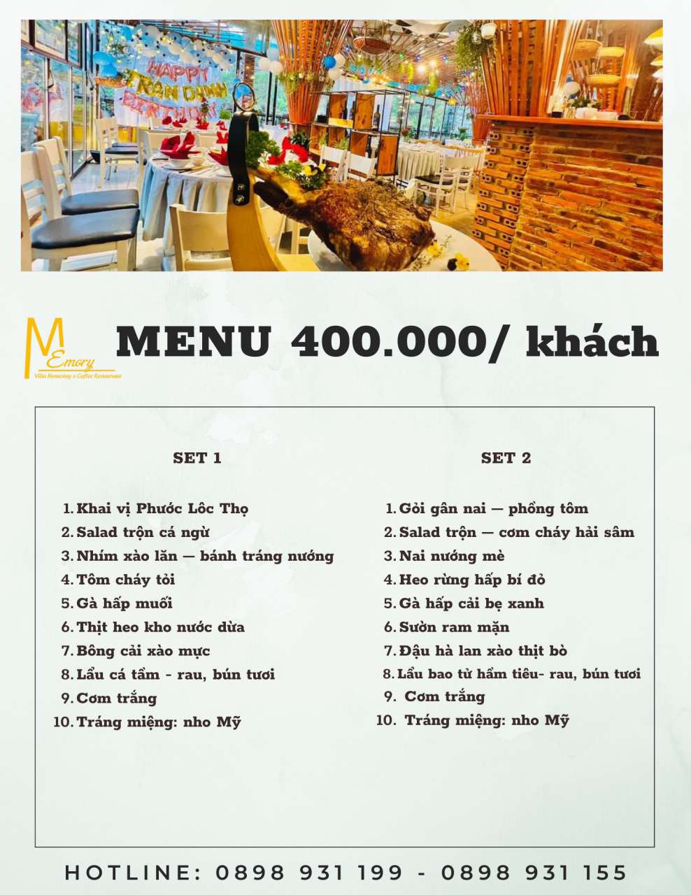 Menu cơm đoàn của nhà hàng cơm đoàn Memory Đà Lạt - menu 400 -nhahangdalat.info