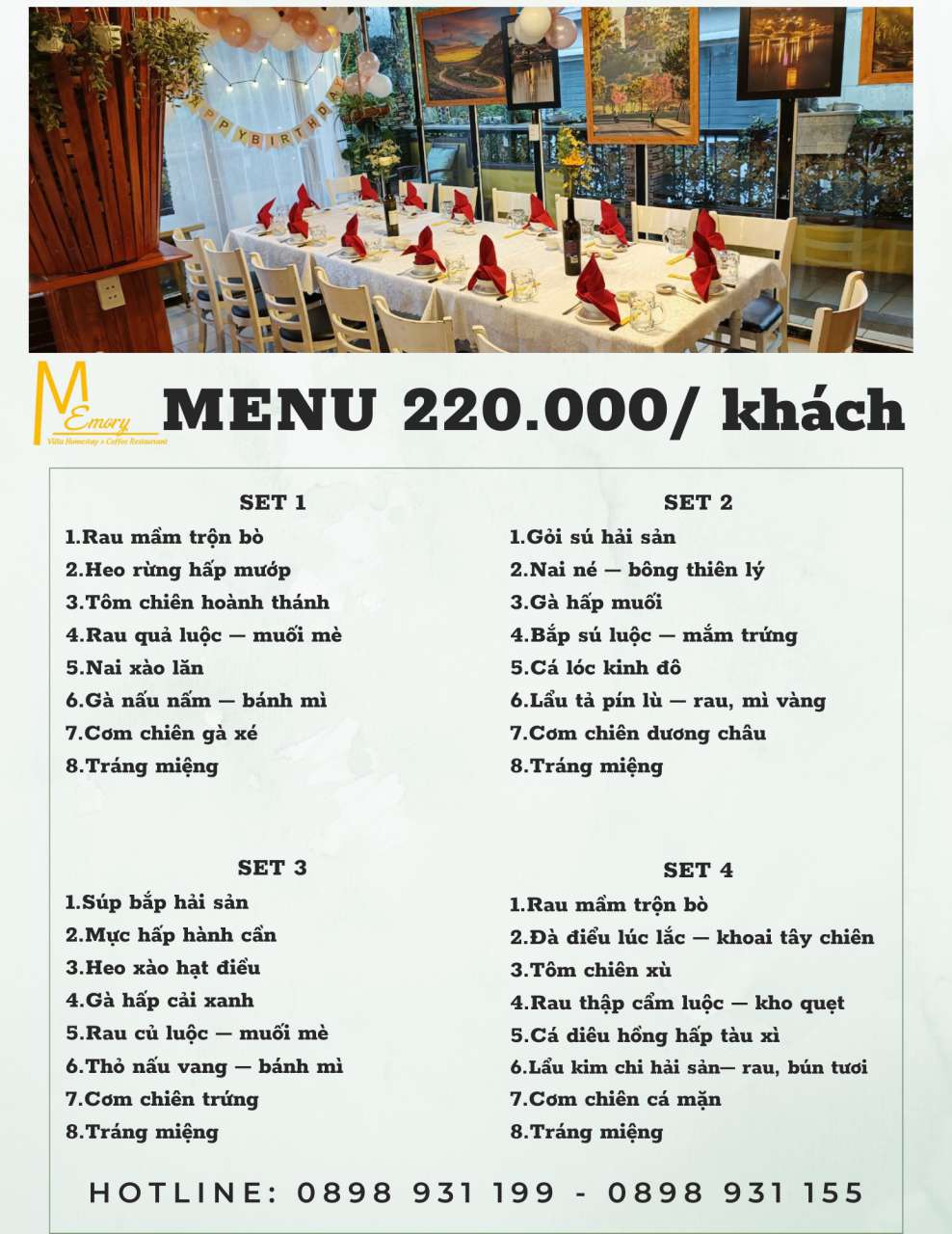 Menu cơm đoàn của nhà hàng cơm đoàn Memory Đà Lạt - menu 220 -nhahangdalat.info